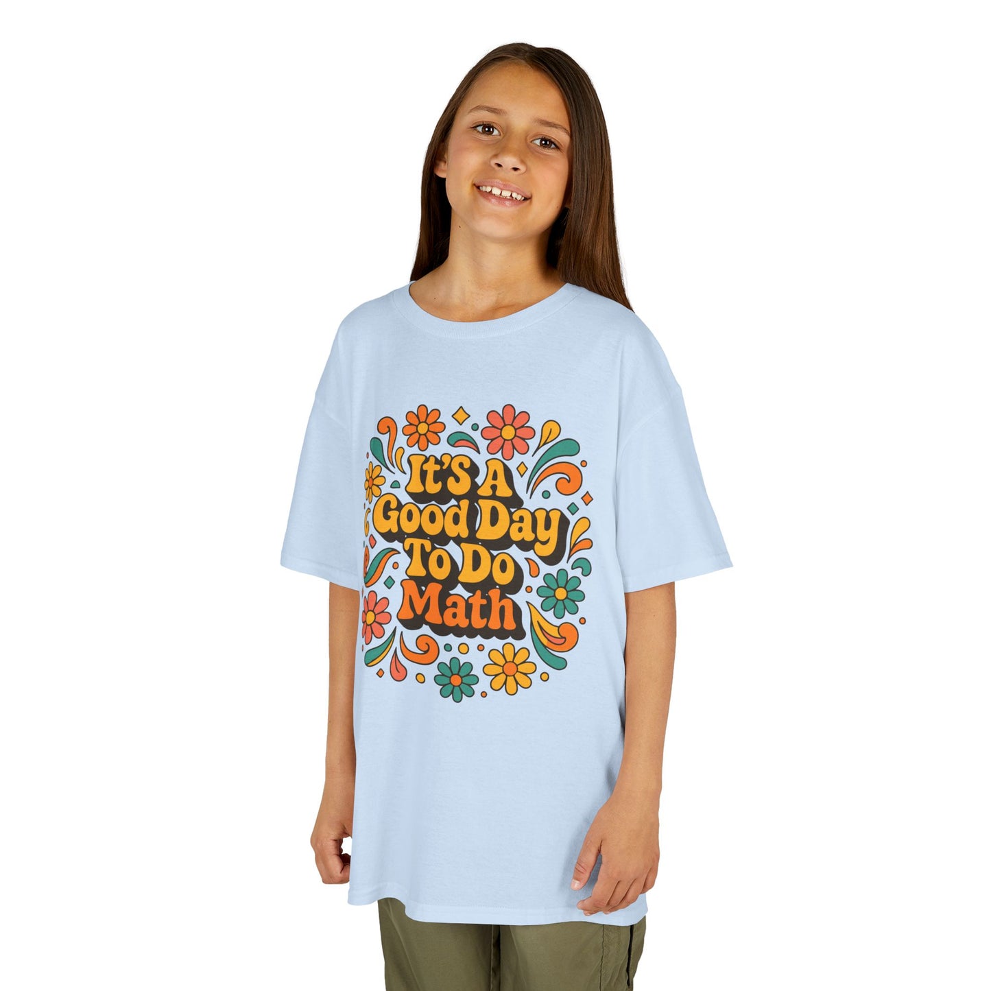 It’s A Good Day To Do Math Retro Floral Kids T-shirt | TEEZOCA positive classroom math slogan shirt