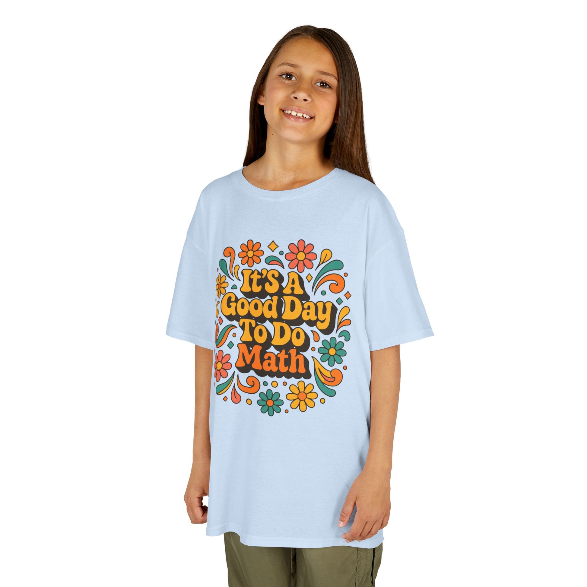 It’s A Good Day To Do Math Retro Floral Kids T-shirt | TEEZOCA positive classroom math slogan shirt
