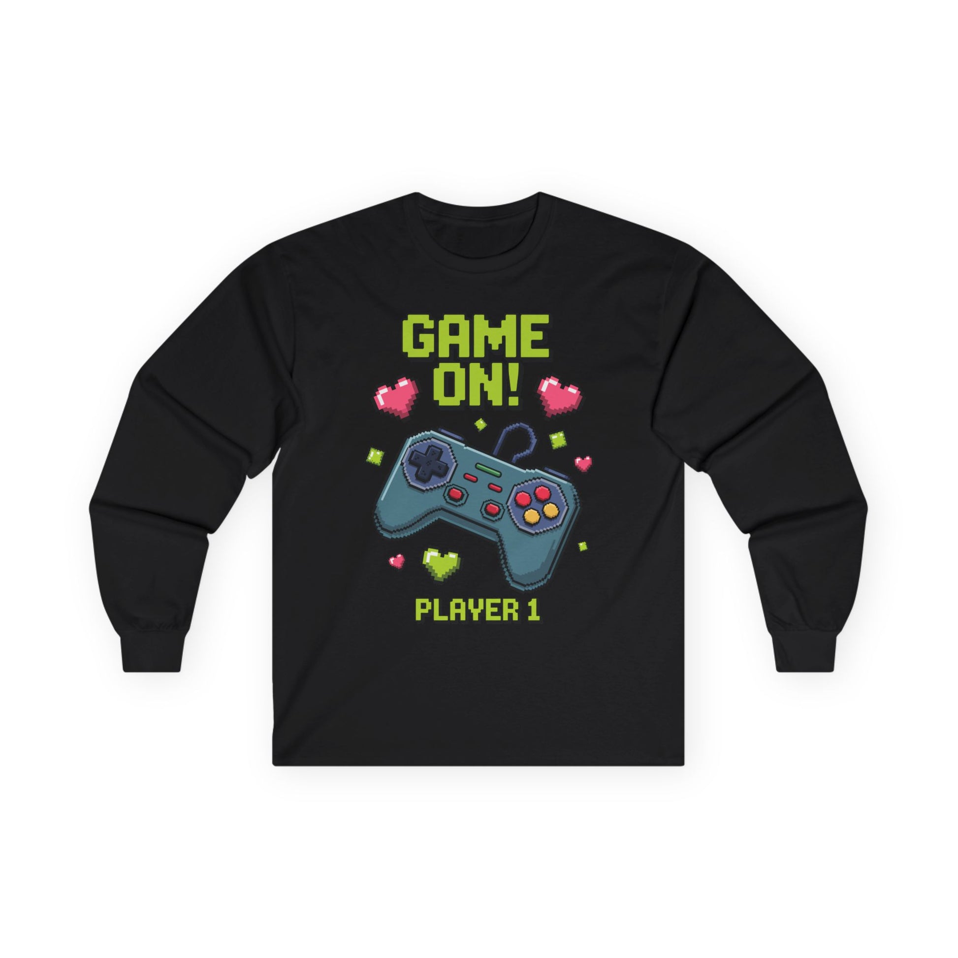 Kids Game On Player 1 long sleeve tee with retro pixel art gaming controller and hearts  Retro Pixel Art kids Black long-sleeve TEEZOCA