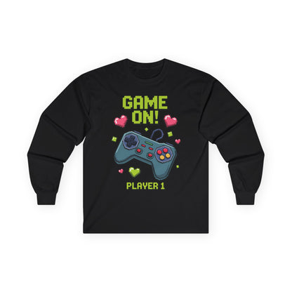 Kids Game On Player 1 long sleeve tee with retro pixel art gaming controller and hearts  Retro Pixel Art kids Black long-sleeve TEEZOCA