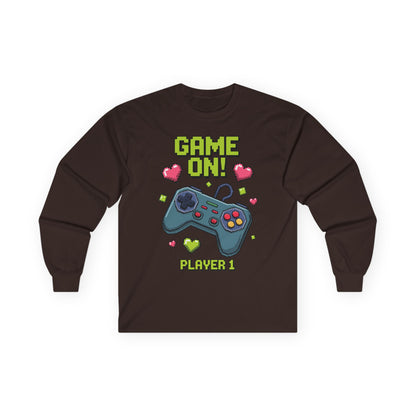 Kids Game On Player 1 long sleeve tee with retro pixel art gaming controller and hearts  Retro Pixel Art kids Brown long-sleeve TEEZOCA