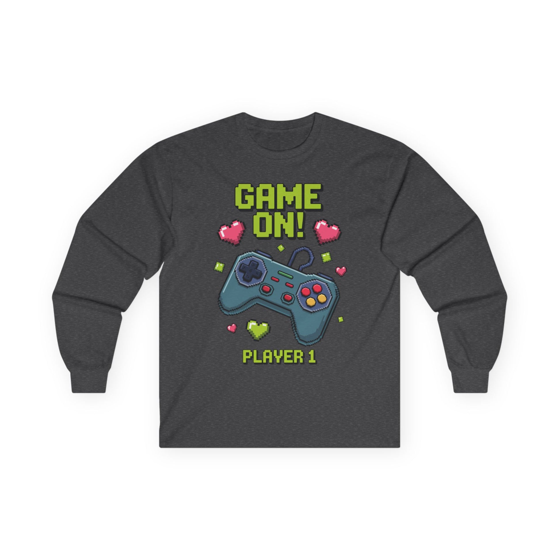 Kids Game On Player 1 long sleeve tee with retro pixel art gaming controller and hearts  Retro Pixel Art kids Gray long-sleeve TEEZOCA