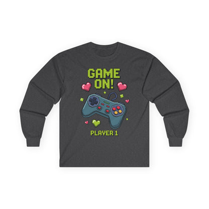 Kids Game On Player 1 long sleeve tee with retro pixel art gaming controller and hearts  Retro Pixel Art kids Gray long-sleeve TEEZOCA