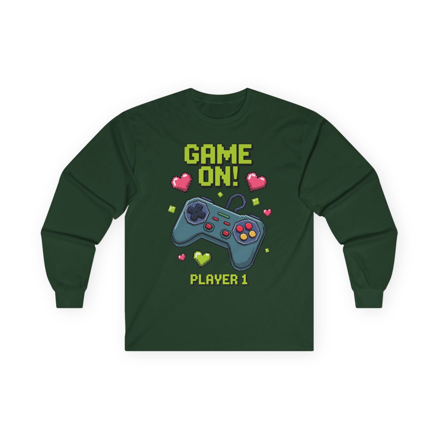 Kids Game On Player 1 long sleeve tee with retro pixel art gaming controller and hearts  Retro Pixel Art kids Green long-sleeve TEEZOCA
