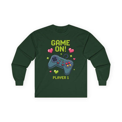 Kids Game On Player 1 long sleeve tee with retro pixel art gaming controller and hearts  Retro Pixel Art kids Green long-sleeve TEEZOCA