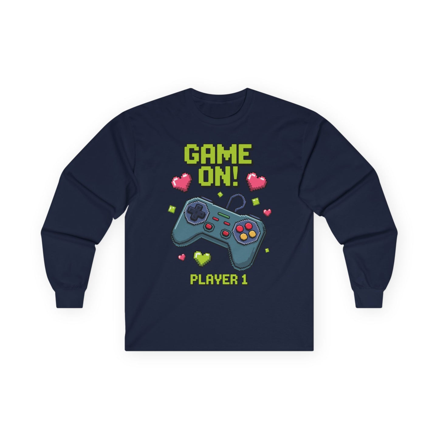 Kids Game On Player 1 long sleeve tee with retro pixel art gaming controller and hearts  Retro Pixel Art kids Navy long-sleeve TEEZOCA