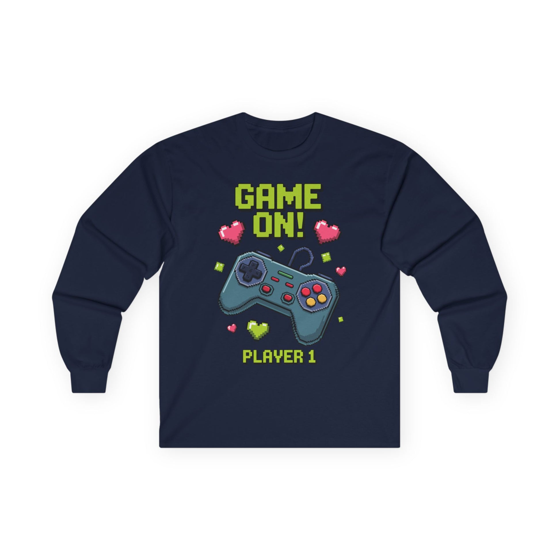 Kids Game On Player 1 long sleeve tee with retro pixel art gaming controller and hearts  Retro Pixel Art kids Navy long-sleeve TEEZOCA