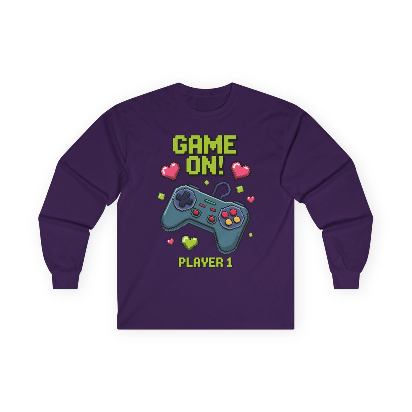 Kids Game On Player 1 long sleeve tee with retro pixel art gaming controller and hearts  Retro Pixel Art kids Purple long-sleeve TEEZOCA