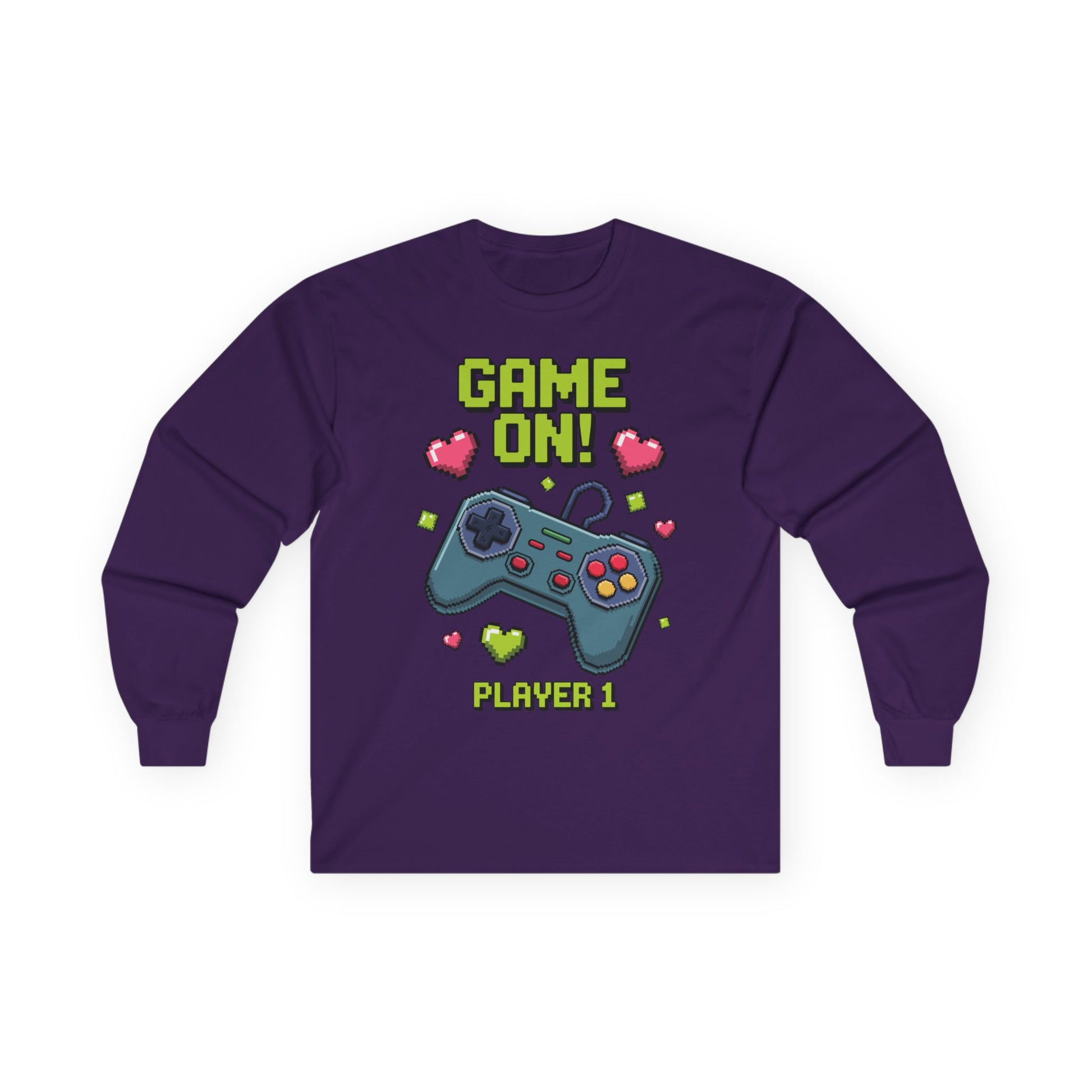 Kids Game On Player 1 long sleeve tee with retro pixel art gaming controller and hearts  Retro Pixel Art kids Purple long-sleeve TEEZOCA