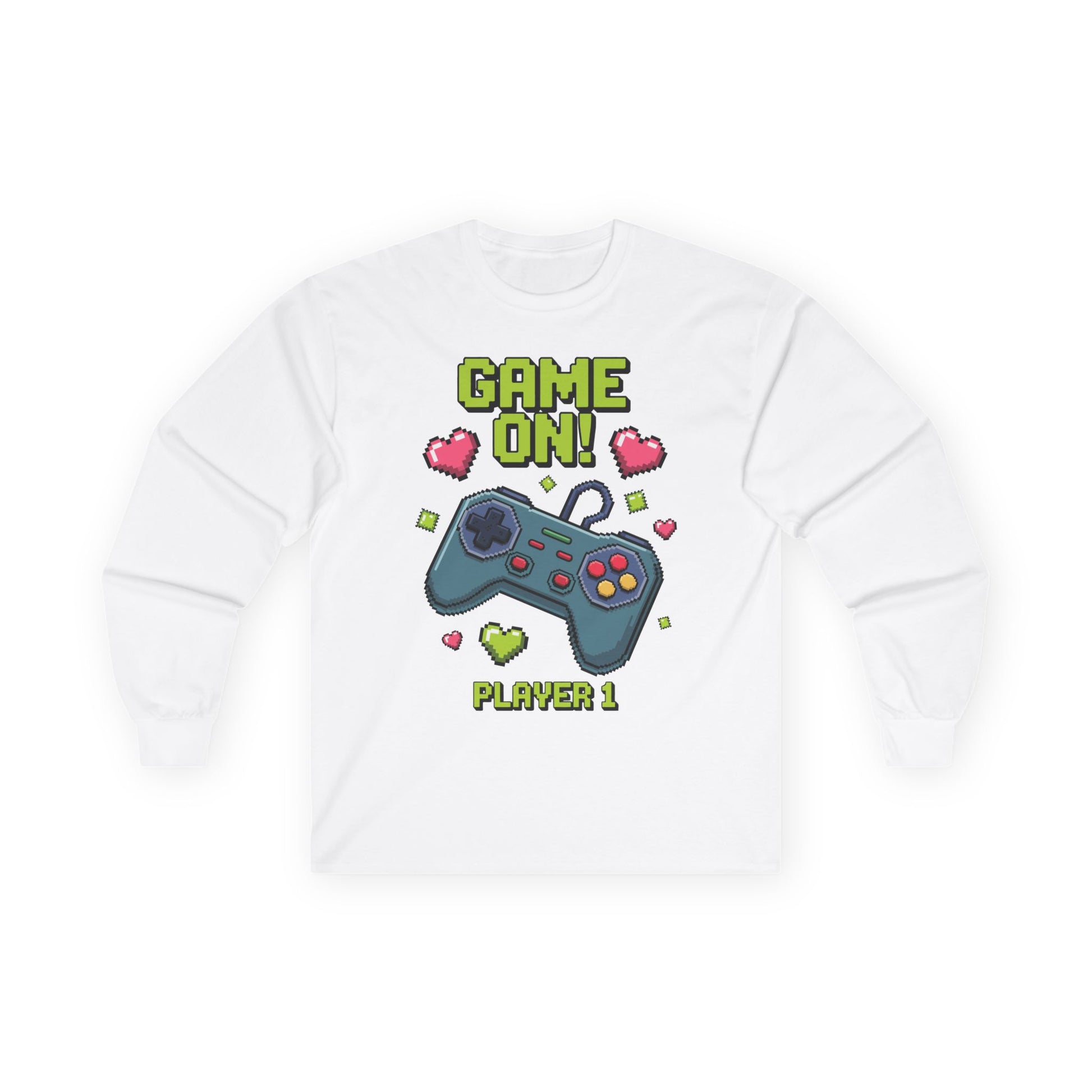Kids Game On Player 1 long sleeve tee with retro pixel art gaming controller and hearts  Retro Pixel Art kids white long-sleeve TEEZOCA