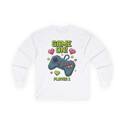 Kids Game On Player 1 long sleeve tee with retro pixel art gaming controller and hearts  Retro Pixel Art kids white long-sleeve TEEZOCA