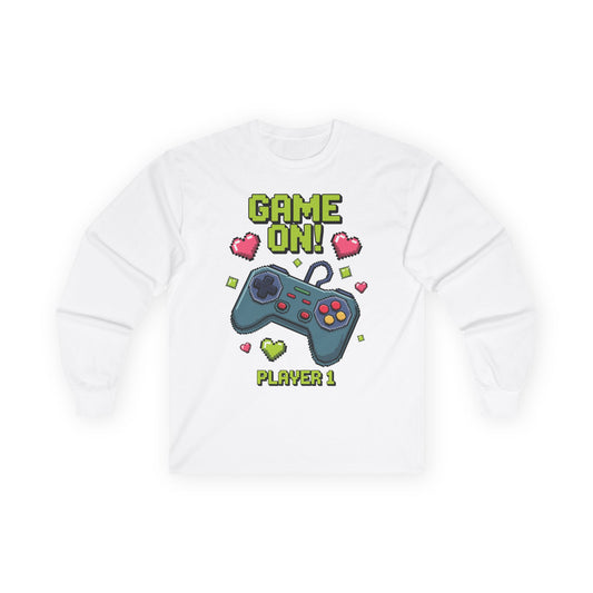 Kids Game On Player 1 long sleeve tee with retro pixel art gaming controller and hearts  Retro Pixel Art kids white long-sleeve TEEZOCA