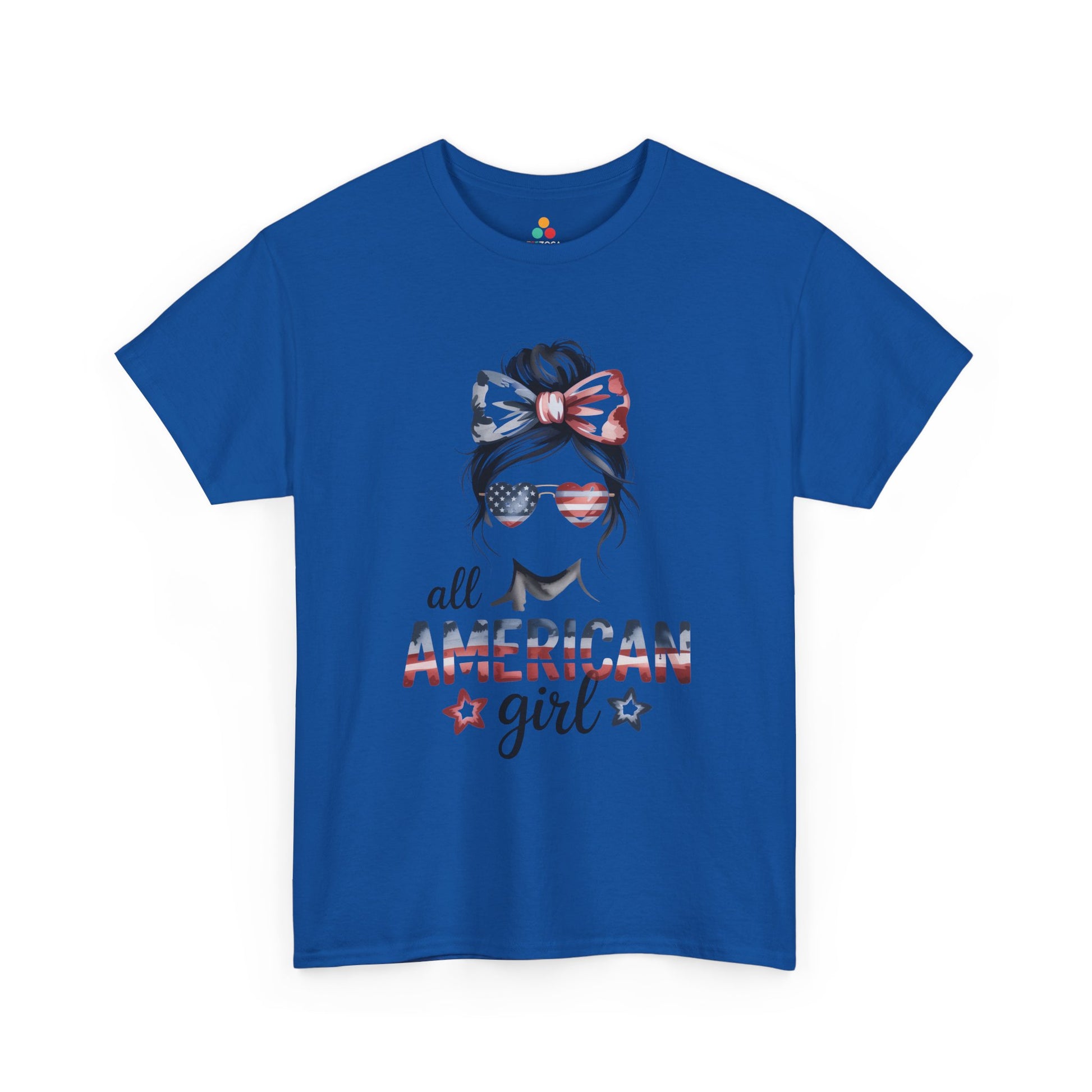 Ladies Patriotic T-shirts design by TEEZOCA with messy bun hair, patriotic bow, and All American Girl message.
