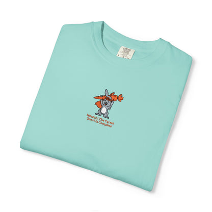 Lagoon Blue Comfort Colors® Huzzah! The Carrot Quest Is Complete Rabbit Embroidered T-Shirt | TEEZOCA 
