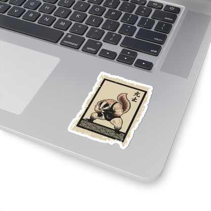 Laptop with a decorative sticker of a badger on a Japanese-style background
