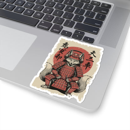 Laptop with a sticker of a fox in armor on the palm rest area