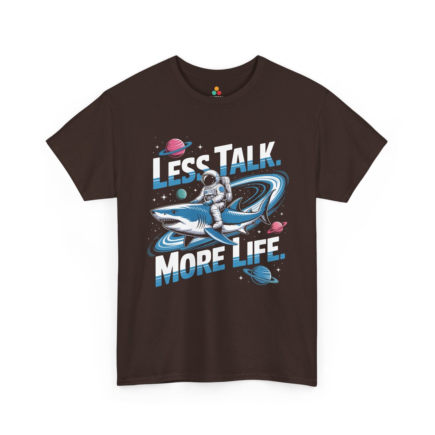 Less Talk More Life Astronaut Shark Unisex T-shirt – Bold Space Graphic Tee | TEEZOCA 