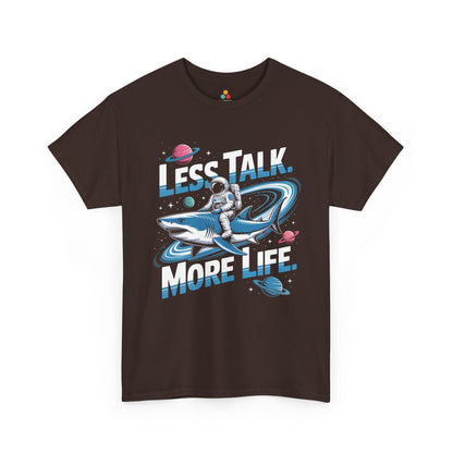 Less Talk More Life Astronaut Shark Unisex T-shirt – Bold Space Graphic Tee | TEEZOCA 