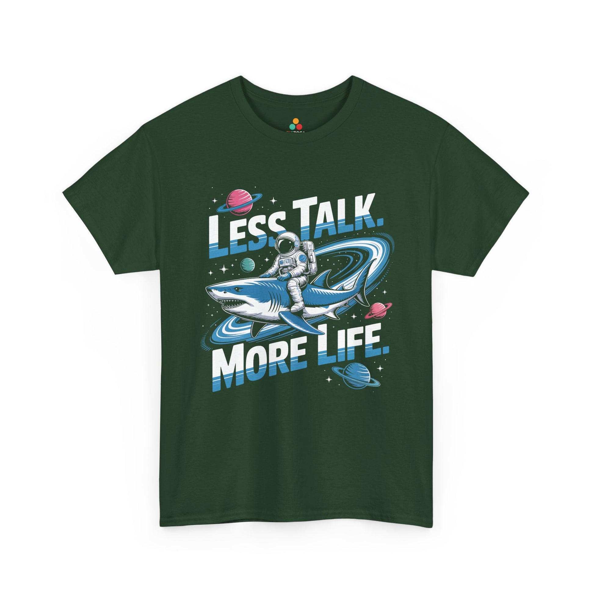 Less Talk More Life Astronaut Shark Unisex T-shirt – Bold Space Graphic Tee | TEEZOCA 