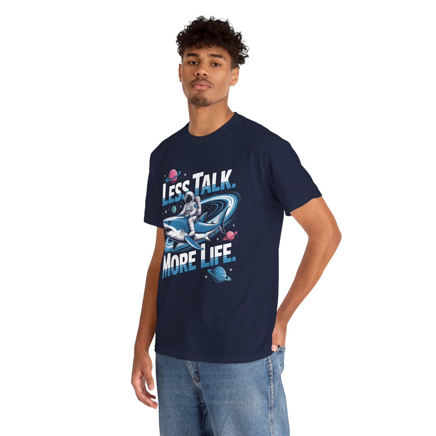 Less Talk More Life Astronaut Shark Unisex T-shirt – Bold Space Graphic Tee | TEEZOCA 
