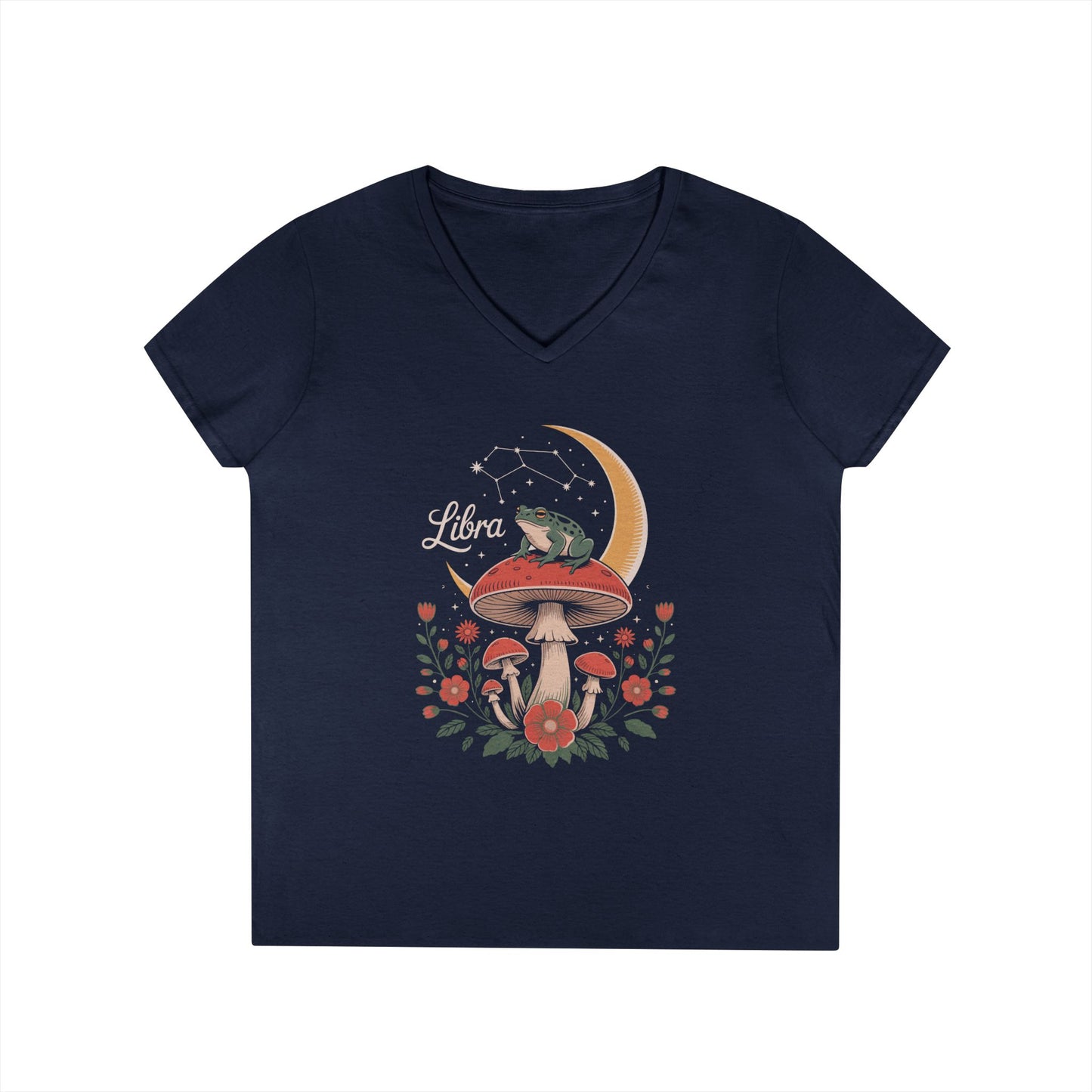 Libra Zodiac Frog Moon Mystic Art Aesthetic V-Neck T-Shirt for Women | TEEZOCA 