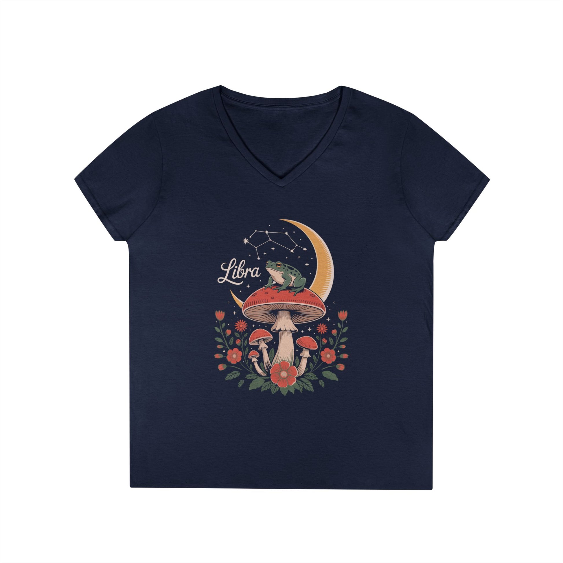 Libra Zodiac Frog Moon Mystic Art Aesthetic V-Neck T-Shirt for Women | TEEZOCA 