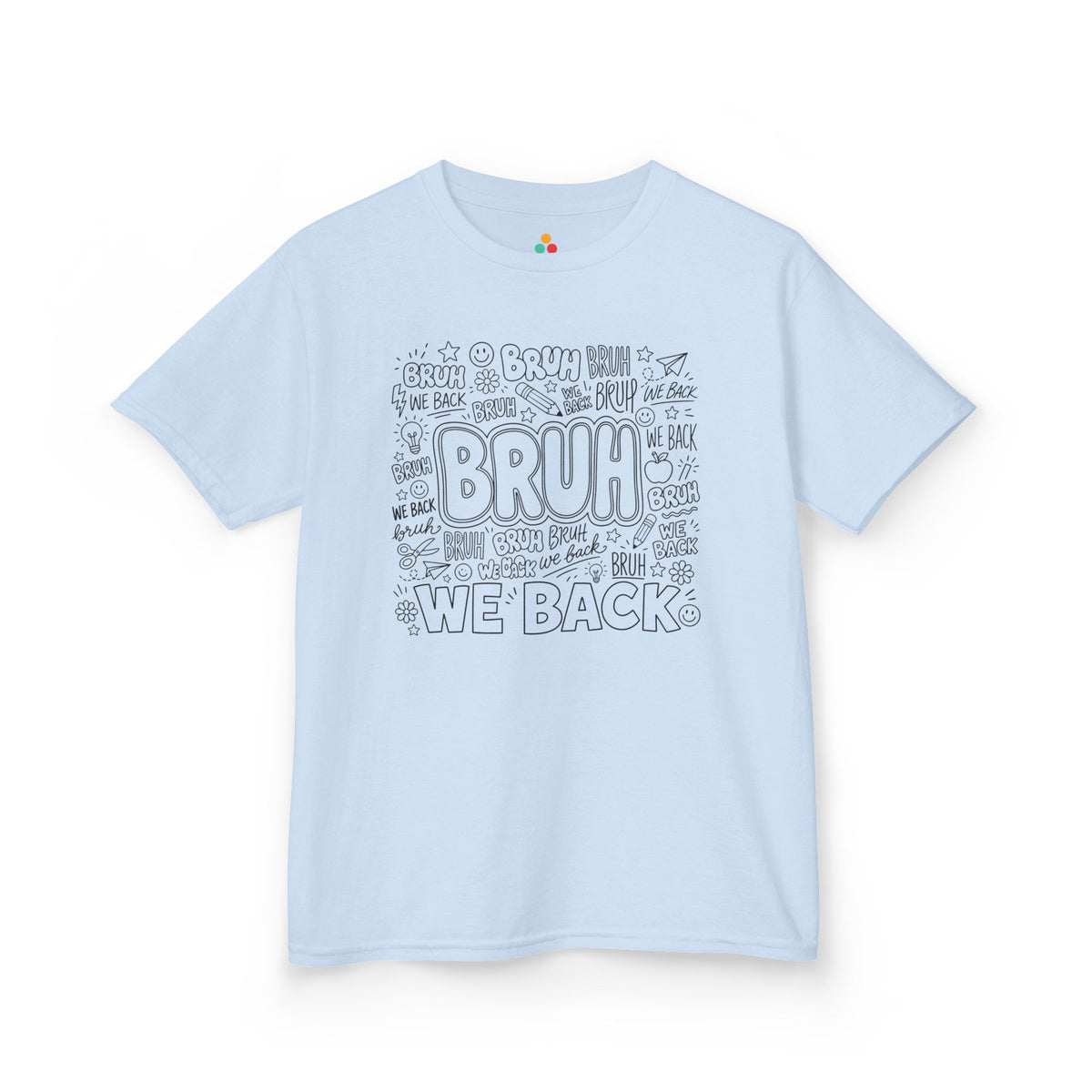 Light blue TEEZOCA Bruh We Back doodle kids tee, a funny back to school shirt for the first day.
