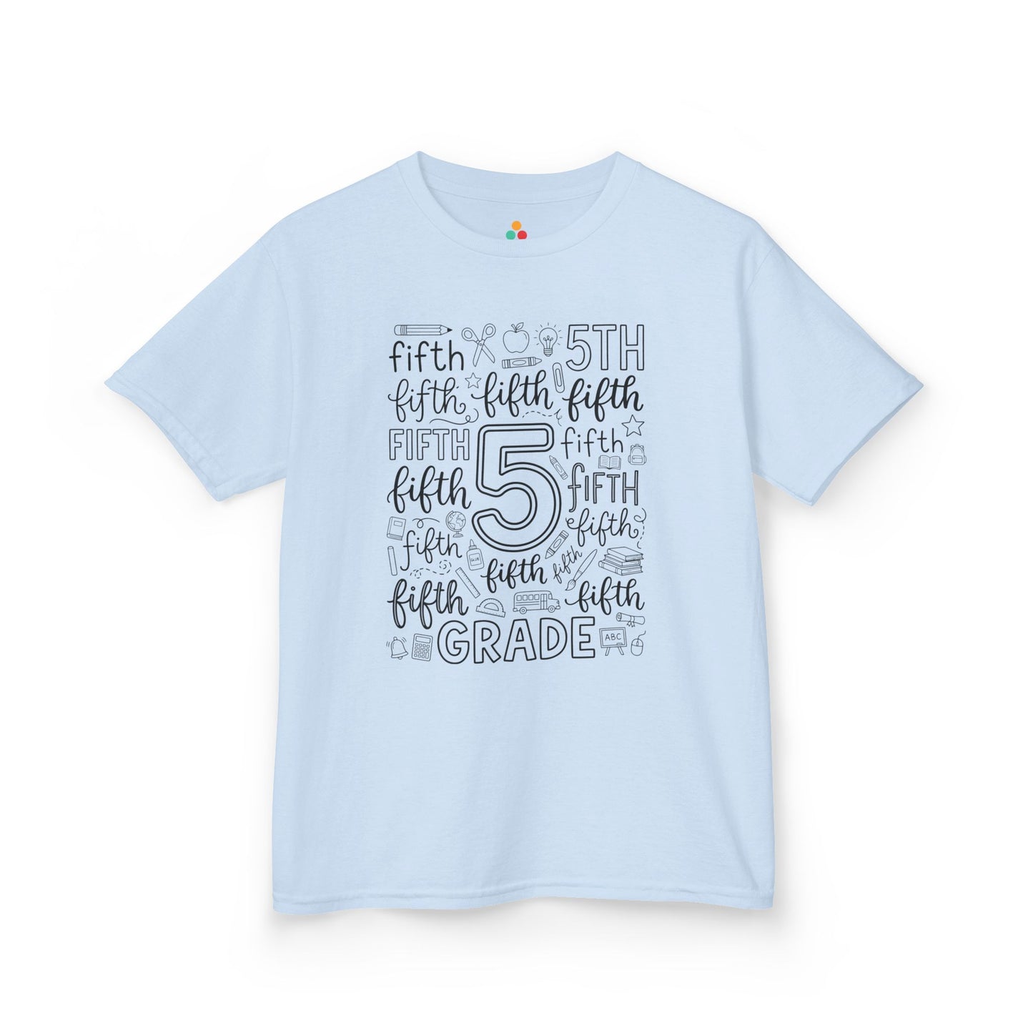 Light blue TEEZOCA fifth grade kids shirt, a cute first-day typography tee for a new fifth grader.
