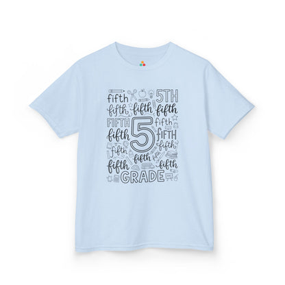Light blue TEEZOCA fifth grade kids shirt, a cute first-day typography tee for a new fifth grader.
