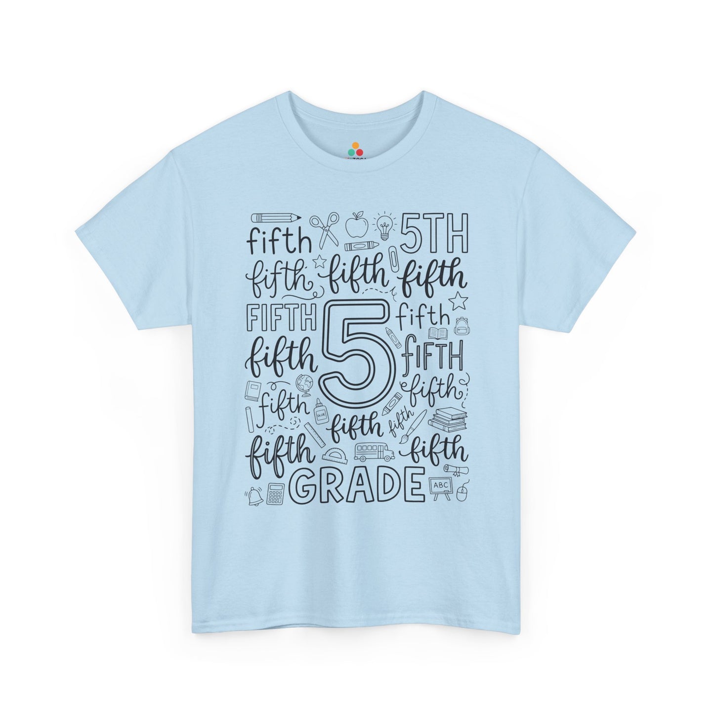 Light blue TEEZOCA fifth grade shirt for adults, a cute typography teacher tee for fifth grade classroom staff.
