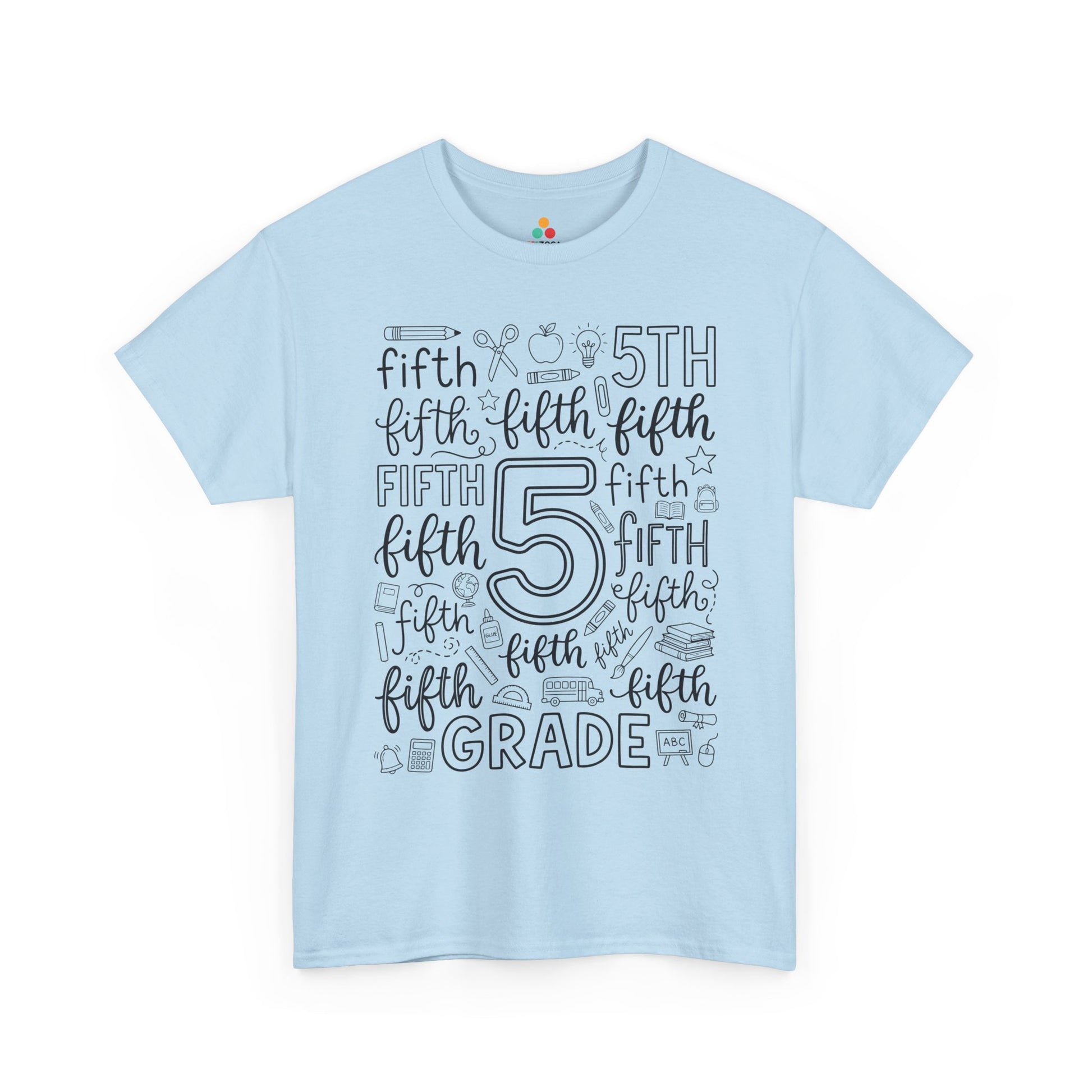 Light blue TEEZOCA fifth grade shirt for adults, a cute typography teacher tee for fifth grade classroom staff.
