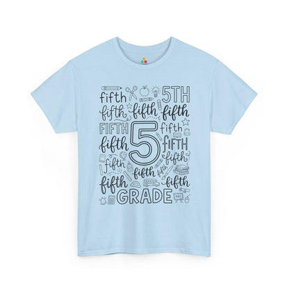 Light blue TEEZOCA fifth grade shirt for adults, a cute typography teacher tee for fifth grade classroom staff.
