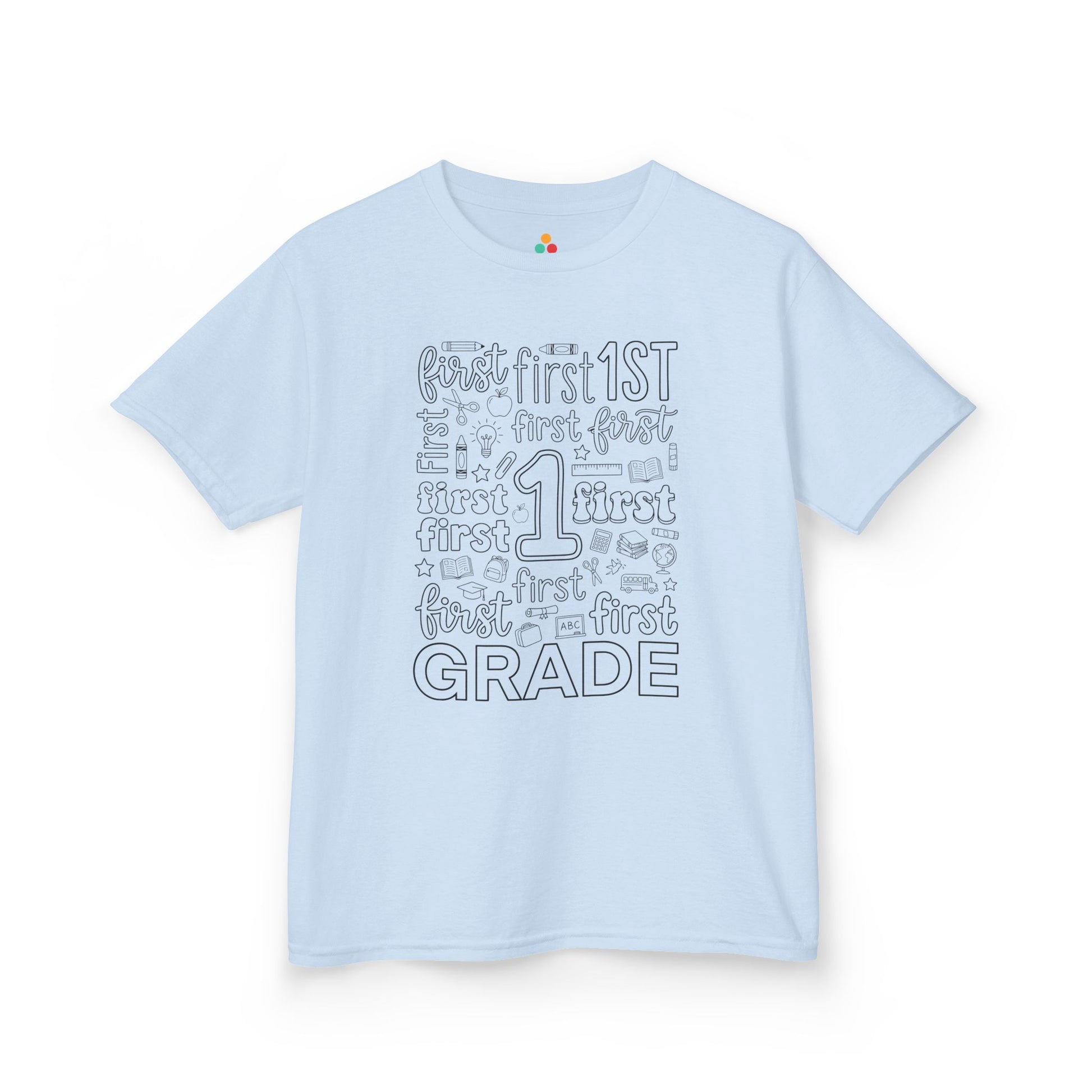 Light blue TEEZOCA first grade kids shirt, a cute first-day typography tee for a new first grader.
