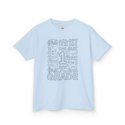 Light blue TEEZOCA first grade kids shirt, a cute first-day typography tee for a new first grader.
