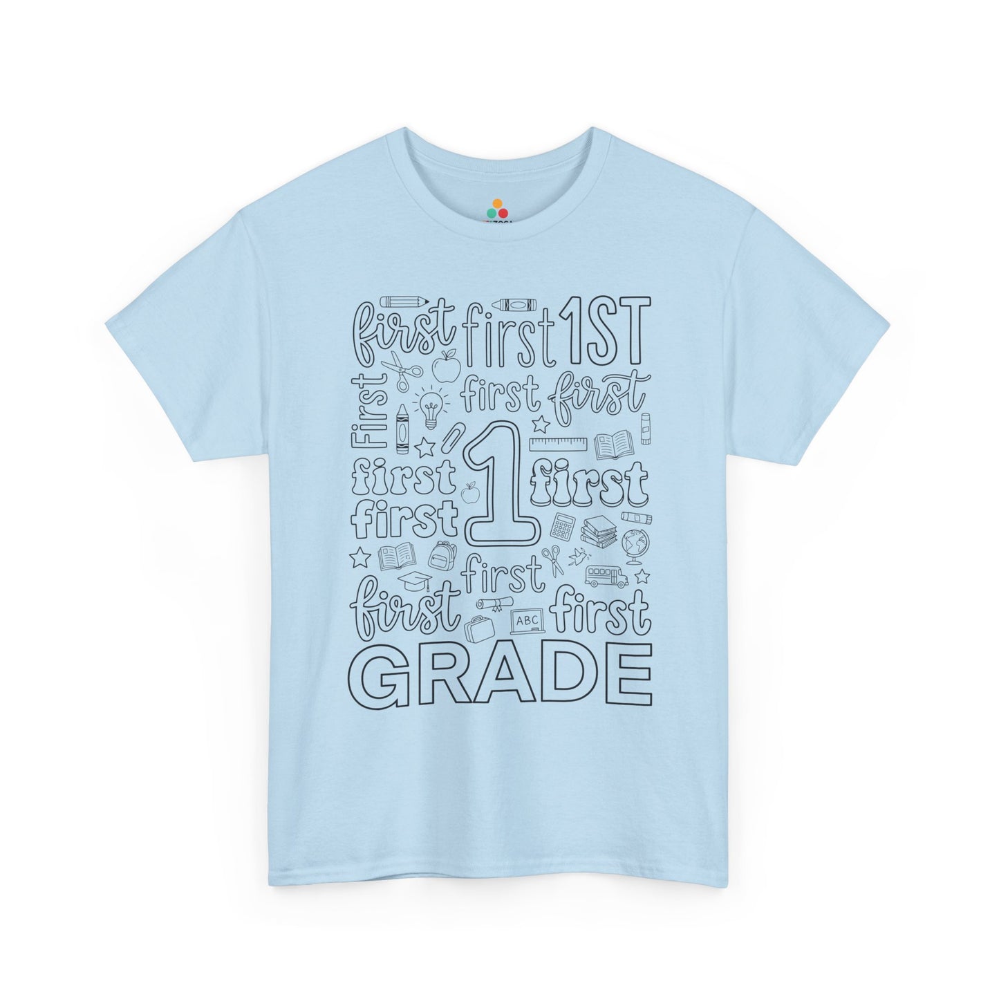 Light blue TEEZOCA first grade shirt for adults, a cute typography teacher tee for first grade classroom staff.
