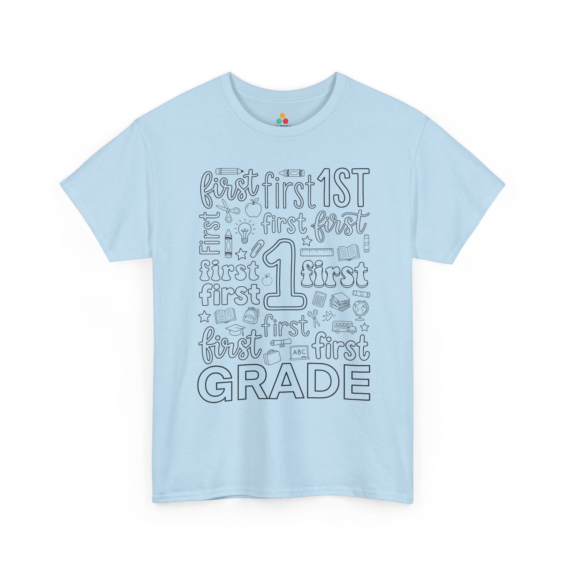 Light blue TEEZOCA first grade shirt for adults, a cute typography teacher tee for first grade classroom staff.
