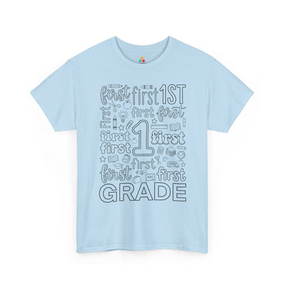 Light blue TEEZOCA first grade shirt for adults, a cute typography teacher tee for first grade classroom staff.
