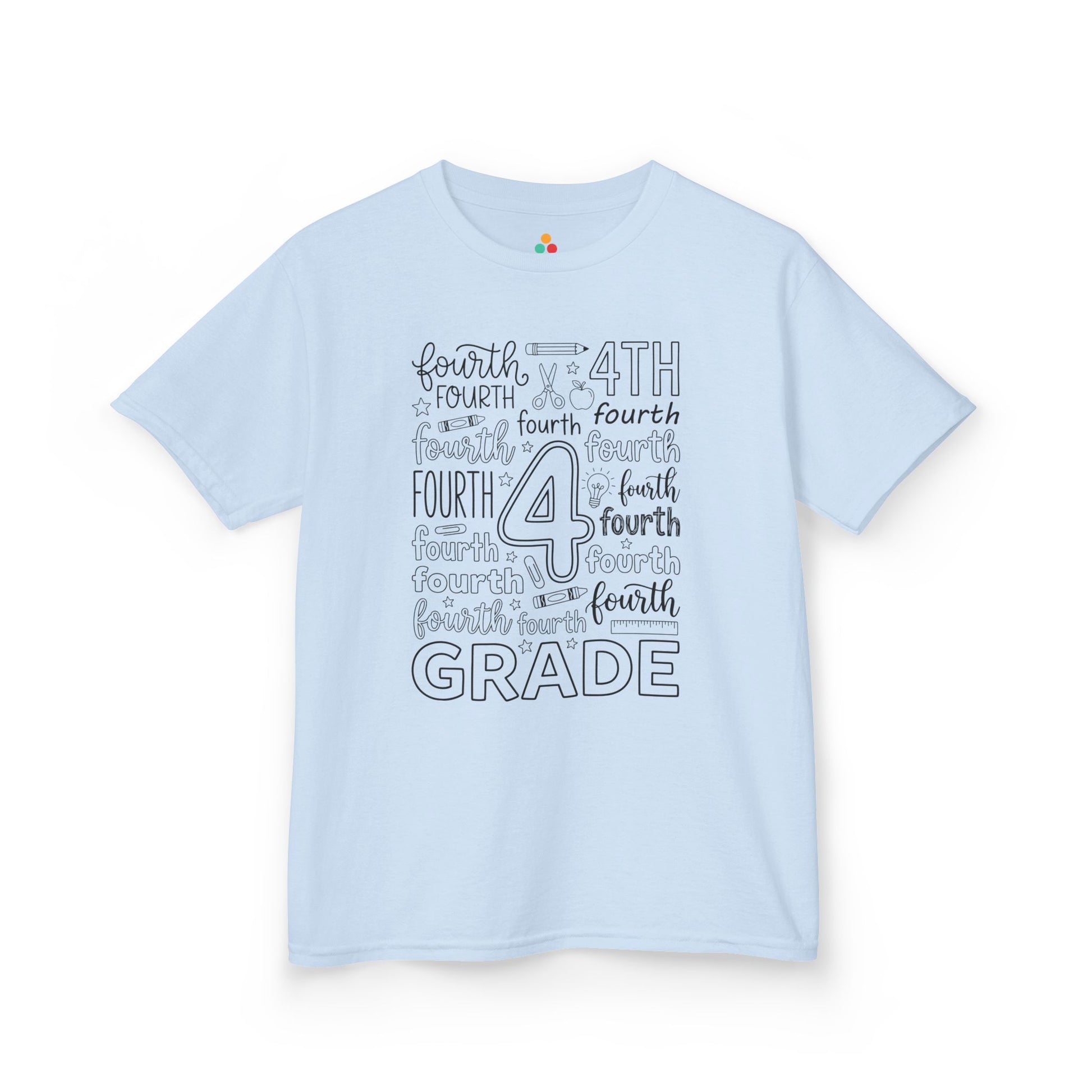 Light blue TEEZOCA fourth grade kids shirt, a cute first-day typography tee for a new fourth grader.
