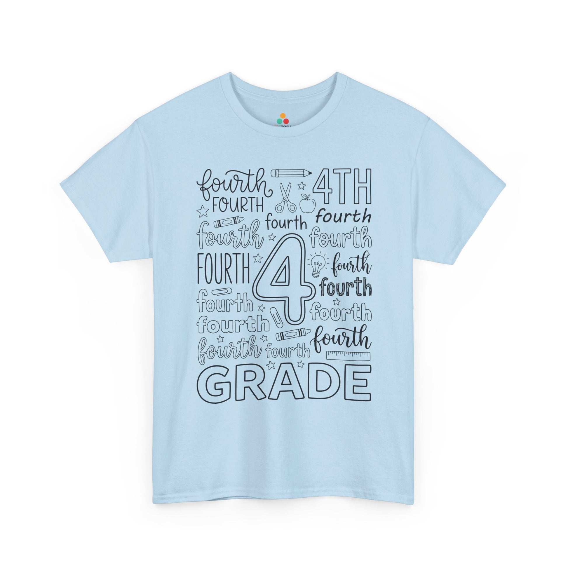 Light blue TEEZOCA fourth grade shirt for adults, a cute typography teacher tee for fourth grade classroom staff.
