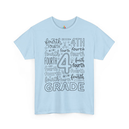 Light blue TEEZOCA fourth grade shirt for adults, a cute typography teacher tee for fourth grade classroom staff.
