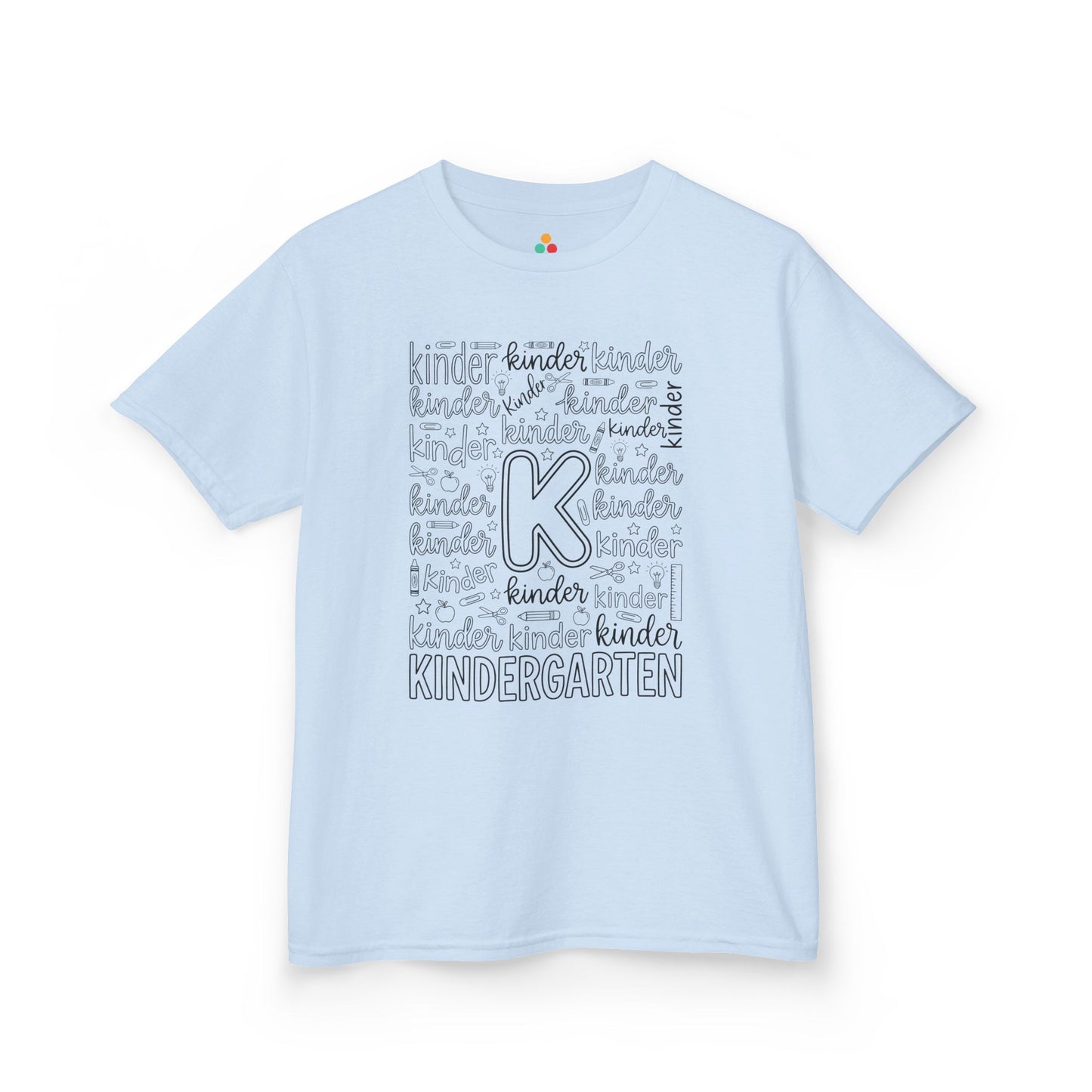 Light blue TEEZOCA kindergarten kids shirt, a cute first-day typography tee for a new kindergartener.
