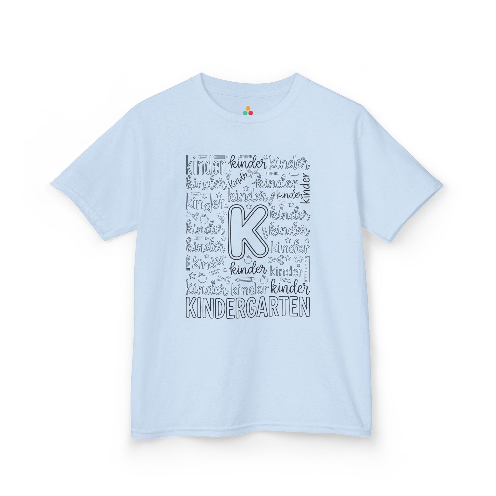 Light blue TEEZOCA kindergarten kids shirt, a cute first-day typography tee for a new kindergartener.
