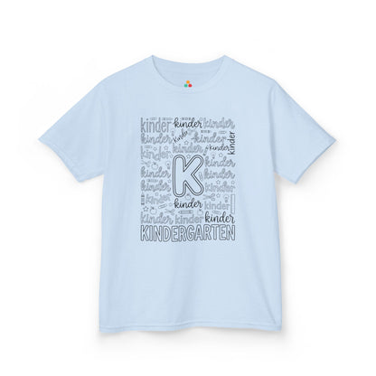 Light blue TEEZOCA kindergarten kids shirt, a cute first-day typography tee for a new kindergartener.
