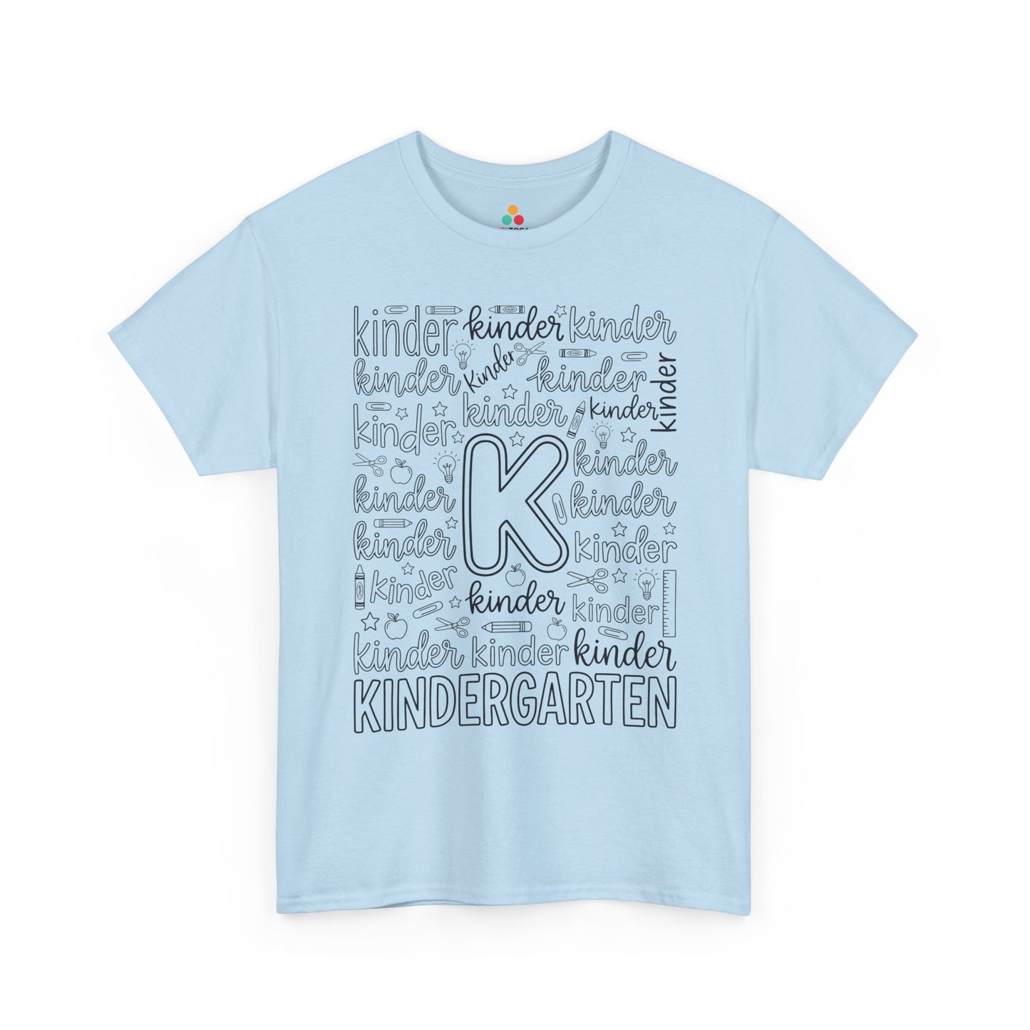 Light blue TEEZOCA kindergarten shirt for adults, a cute typography teacher tee for kindergarten classroom staff.
