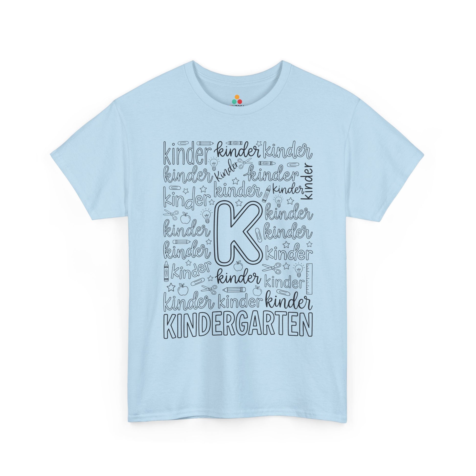 Light blue TEEZOCA kindergarten shirt for adults, a cute typography teacher tee for kindergarten classroom staff.
