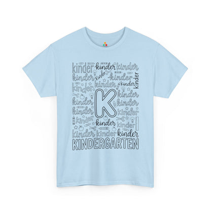 Light blue TEEZOCA kindergarten shirt for adults, a cute typography teacher tee for kindergarten classroom staff.
