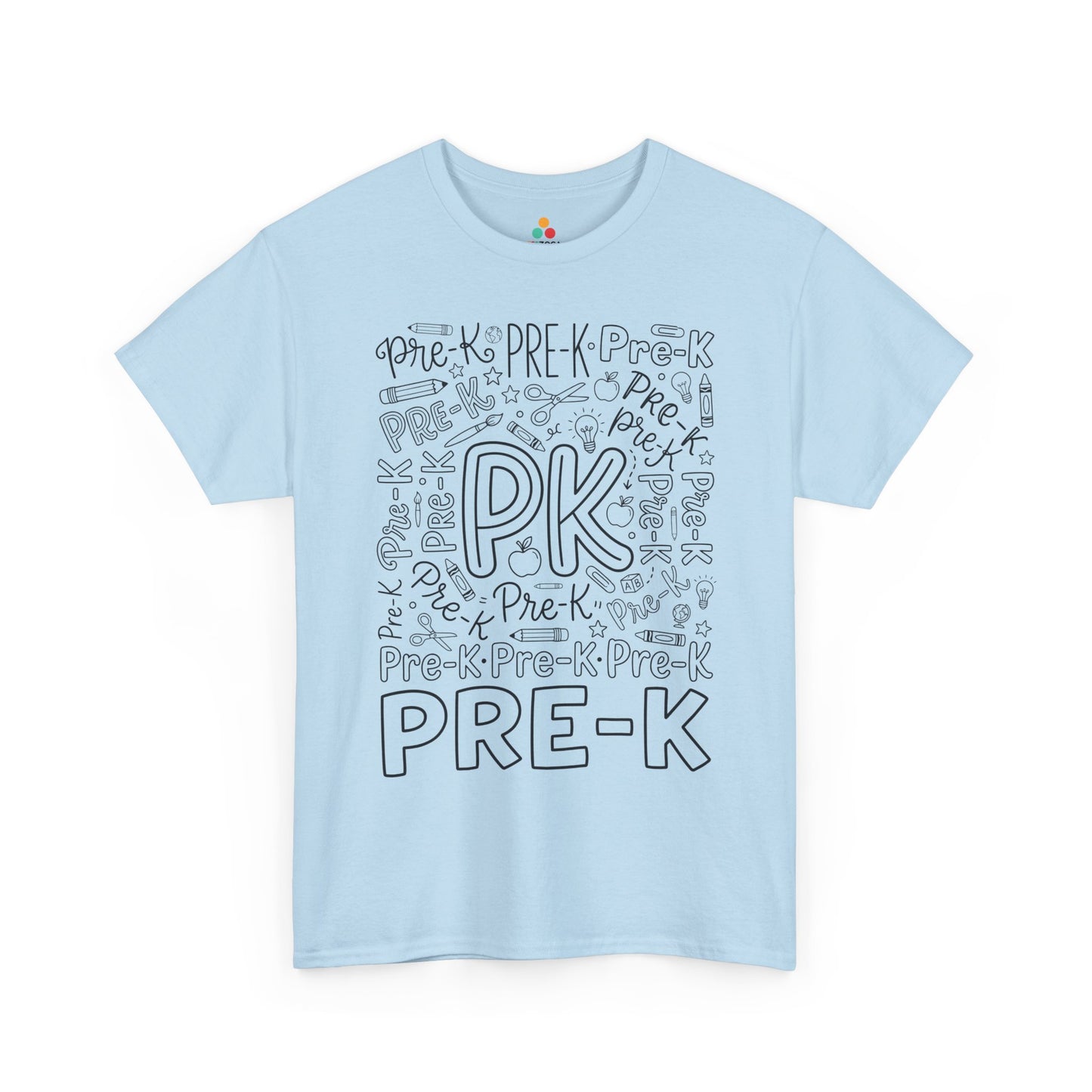 Light blue TEEZOCA pre-k shirt for adults, a cute typography teacher tee for pre-k classroom staff.
