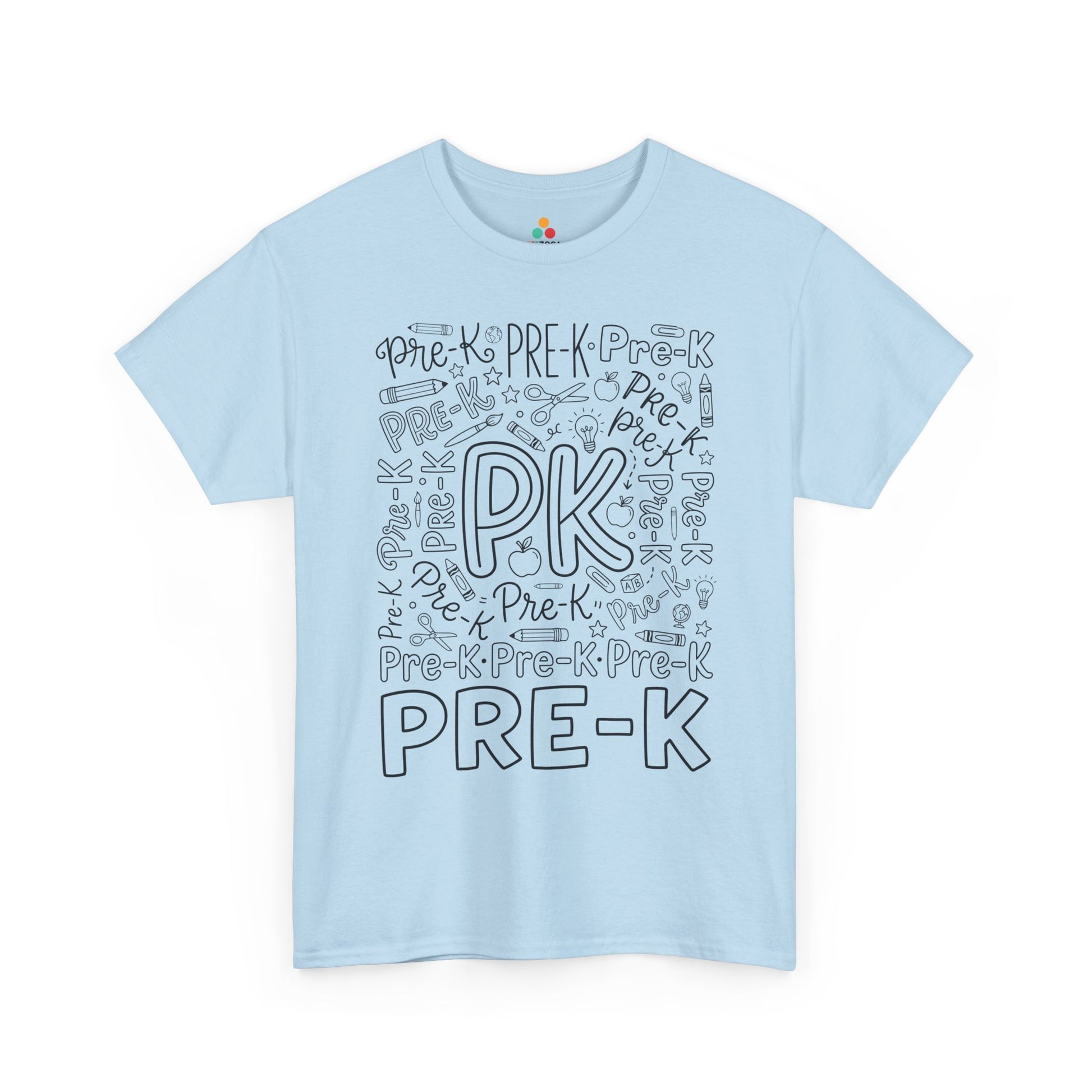 Light blue TEEZOCA pre-k shirt for adults, a cute typography teacher tee for pre-k classroom staff.

