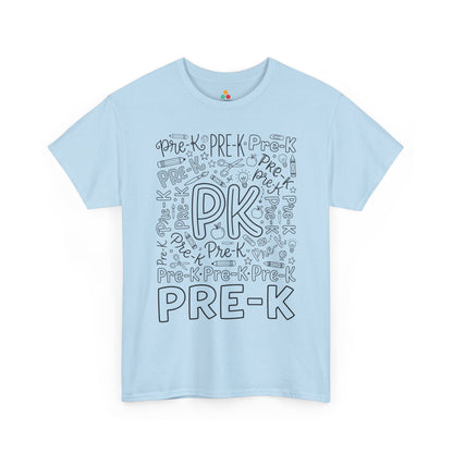 Light blue TEEZOCA pre-k shirt for adults, a cute typography teacher tee for pre-k classroom staff.

