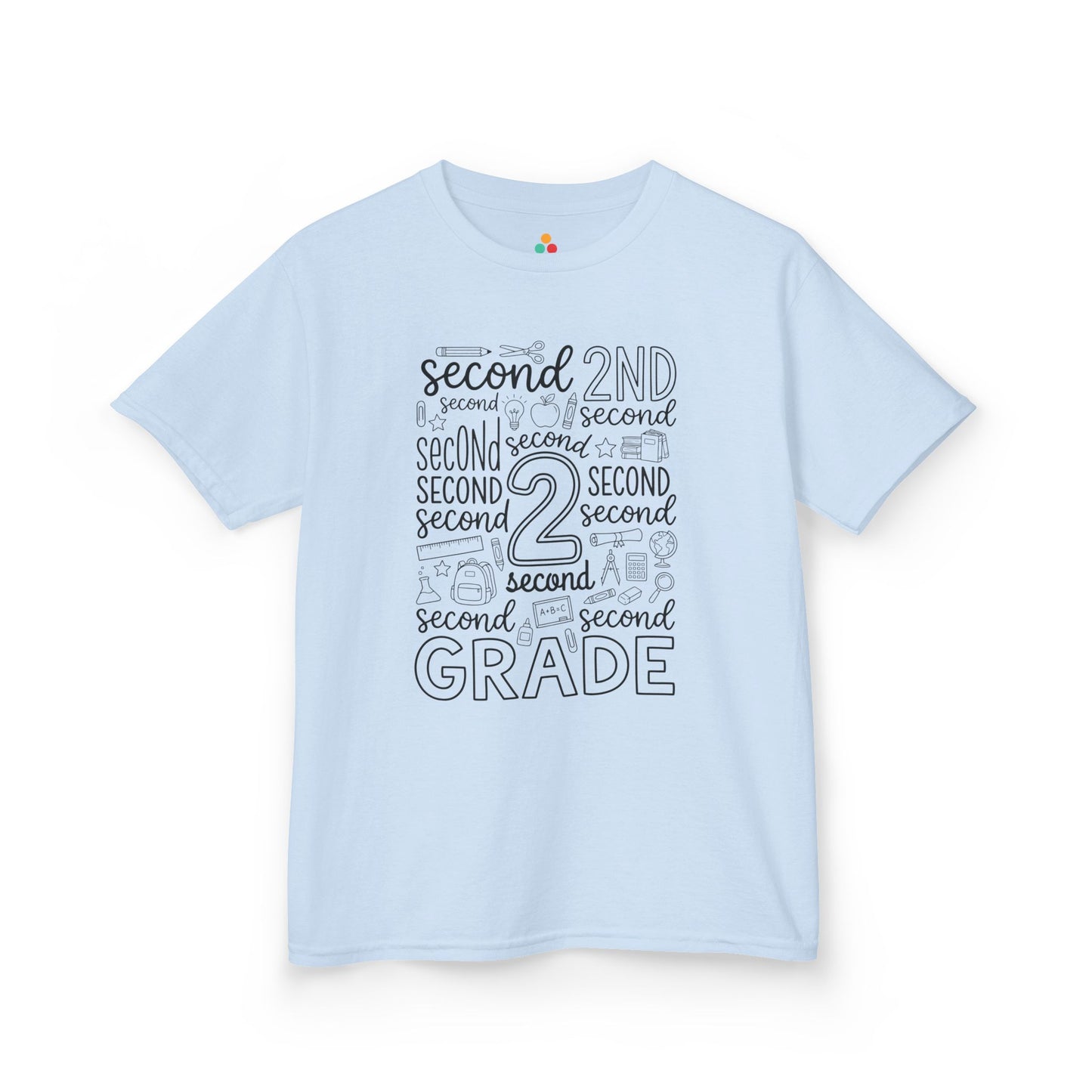 Light blue TEEZOCA second grade kids shirt, a cute first-day typography tee for a new second grader.

